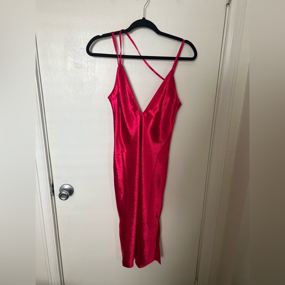Hot pink slip dress with asymmetrical strap